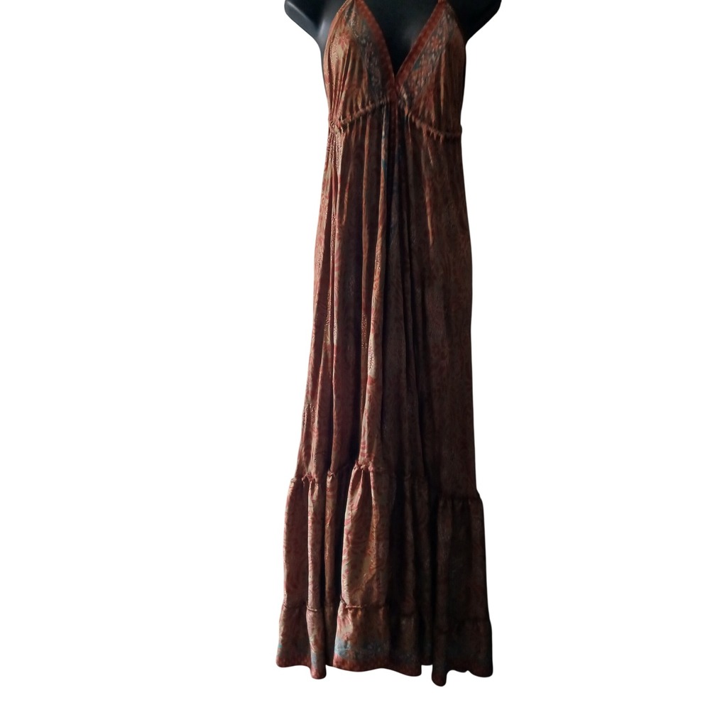 Boho Halter Maxi Dress Orange Teal Paisley Metallic Gold Tiered Open Back